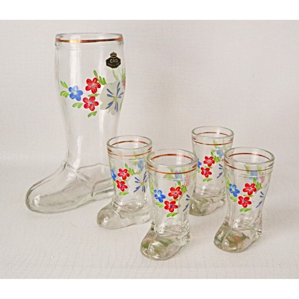 Vintage Boot Shaped Glass Set 4 Shot Glasses & Pitcher Italy Retro Barware